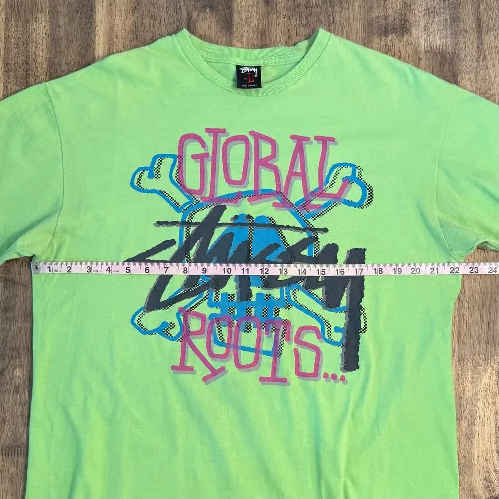 VTG Stussy Shirt Global Roots VTG Skull Crossbones Lime Green Men’s Size Large